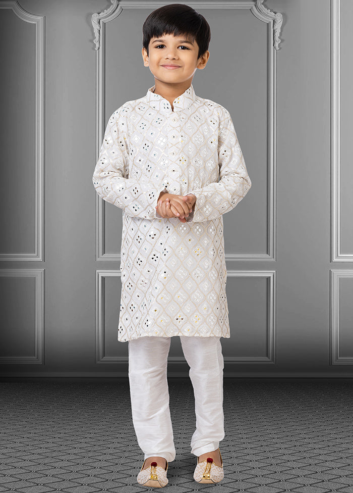 White Georgette Kurta Pajama Set For Boys