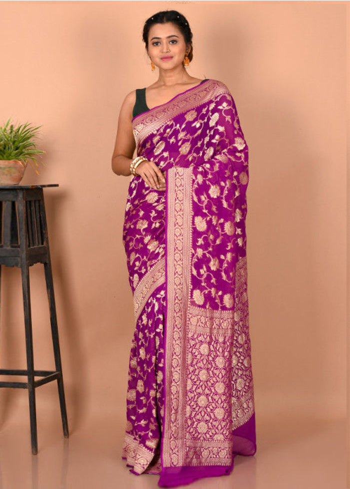 Purple Chiffon Pure Silk Saree With Blouse Piece - Indian Silk House Agencies
