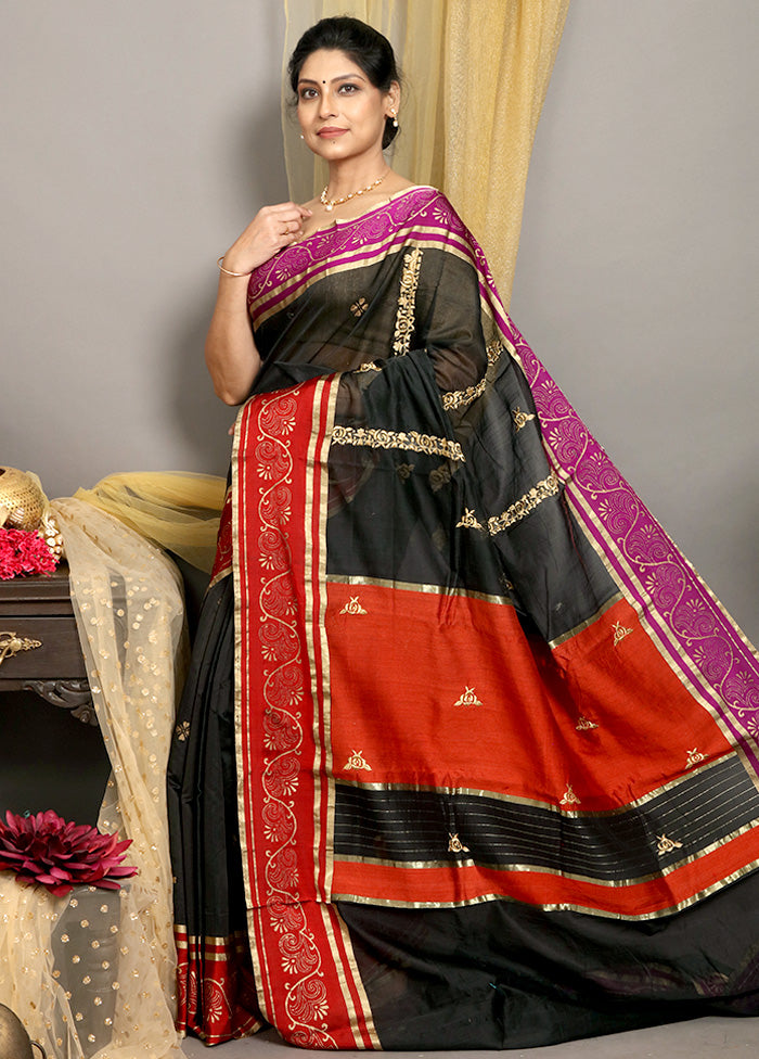 Black Chanderi Pure Silk Handloom Saree With Blouse - Indian Silk House Agencies