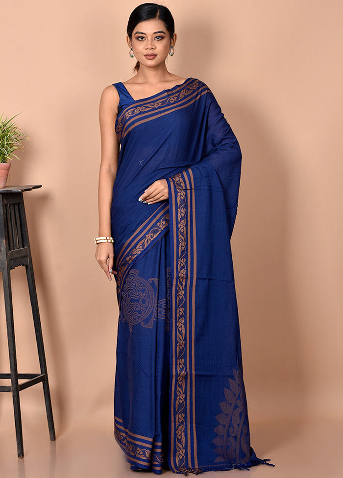 Biswa Bangla Presents Navy Blue Pure Cotton Saree Without Blouse Piece - Indian Silk House Agencies