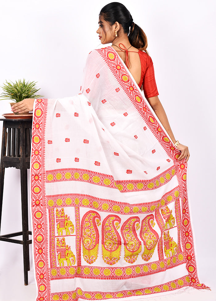 Biswa Bangla Presents White And Red Cotton Baluchari Saree With Blouse Piece - Indian Silk House Agencies