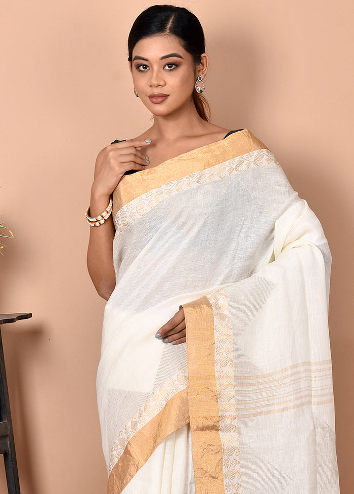 Biswa Bangla Presents White Pure Linen Silk Saree With Blouse Piece - Indian Silk House Agencies