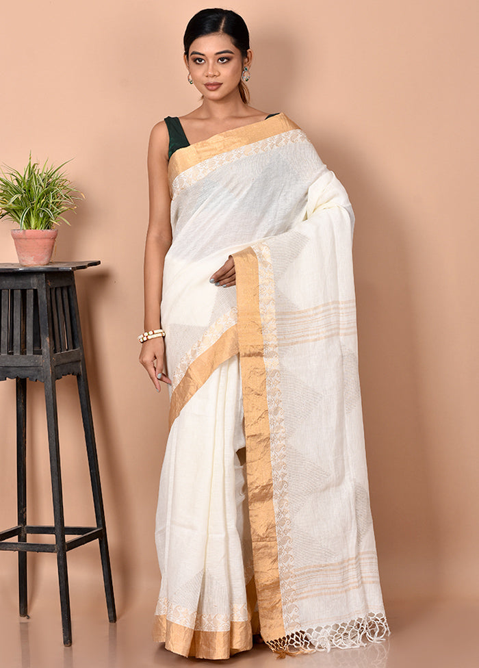 Biswa Bangla Presents White Pure Linen Silk Saree With Blouse Piece - Indian Silk House Agencies