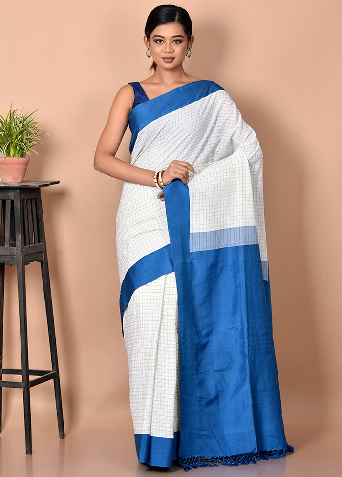 Biswa Bangla Presents White And Blue Pure Cotton Saree Without Blouse Piece - Indian Silk House Agencies