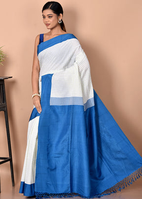Biswa Bangla Presents White And Blue Pure Cotton Saree Without Blouse Piece - Indian Silk House Agencies