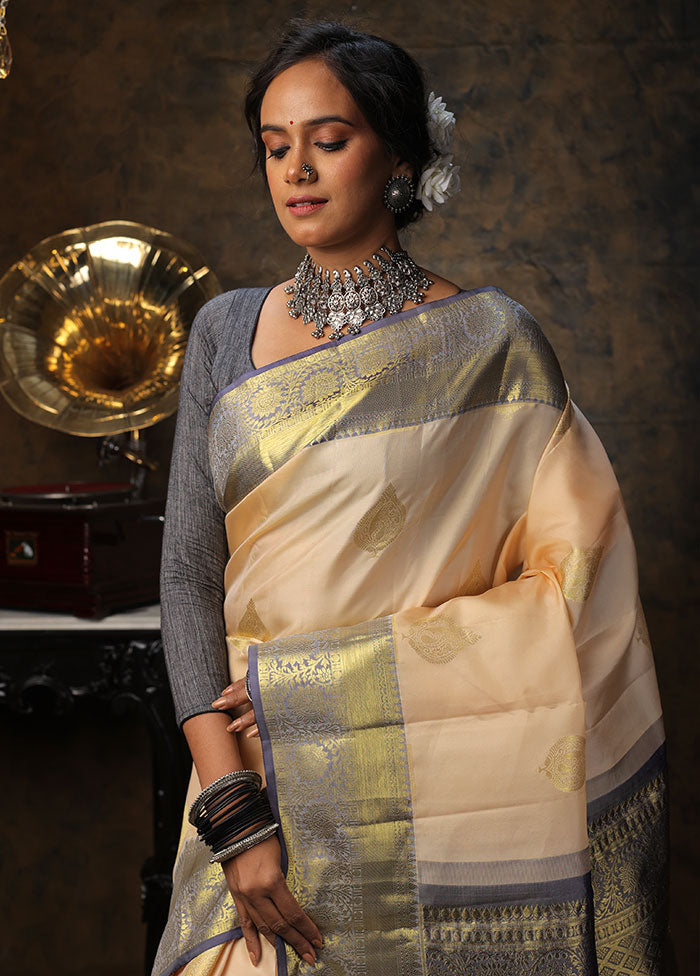 Cream Pure Kanchipuram Silk Saree With Blouse Piece - Indian Silk House Agencies