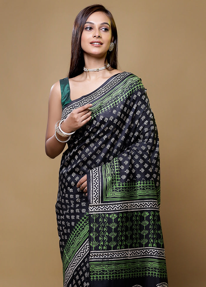 Black Printed Pure Silk Saree Without Blouse Piece