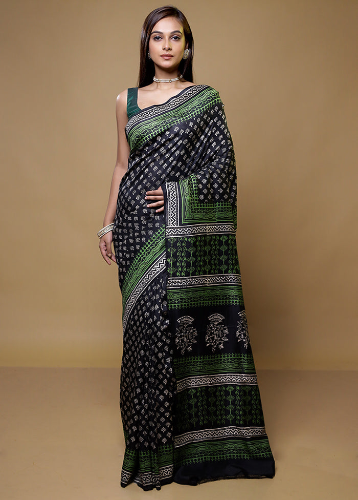 Black Printed Pure Silk Saree Without Blouse Piece