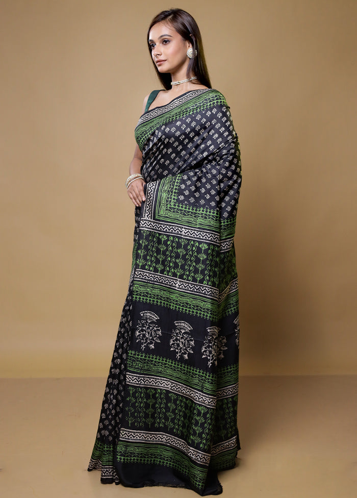 Black Printed Pure Silk Saree Without Blouse Piece