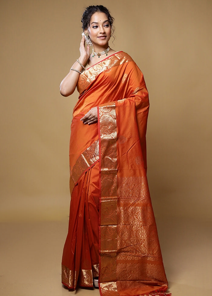 Rust Kanjivaram Silk Saree With Blouse Piece