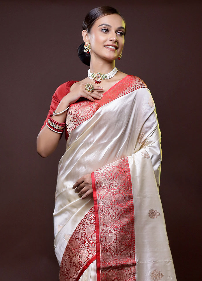 Cream Handloom Katan Pure Silk Saree With Blouse Piece