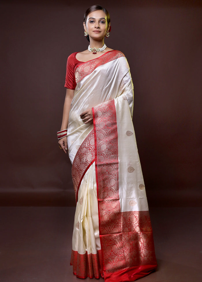 Cream Handloom Katan Pure Silk Saree With Blouse Piece