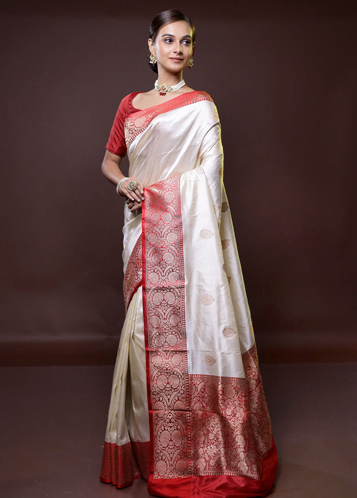 Cream Handloom Katan Pure Silk Saree With Blouse Piece