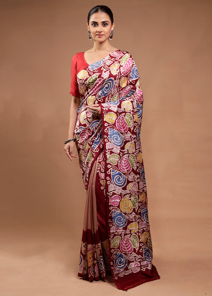 Maroon Printed Pure Silk Saree Without Blouse Piece