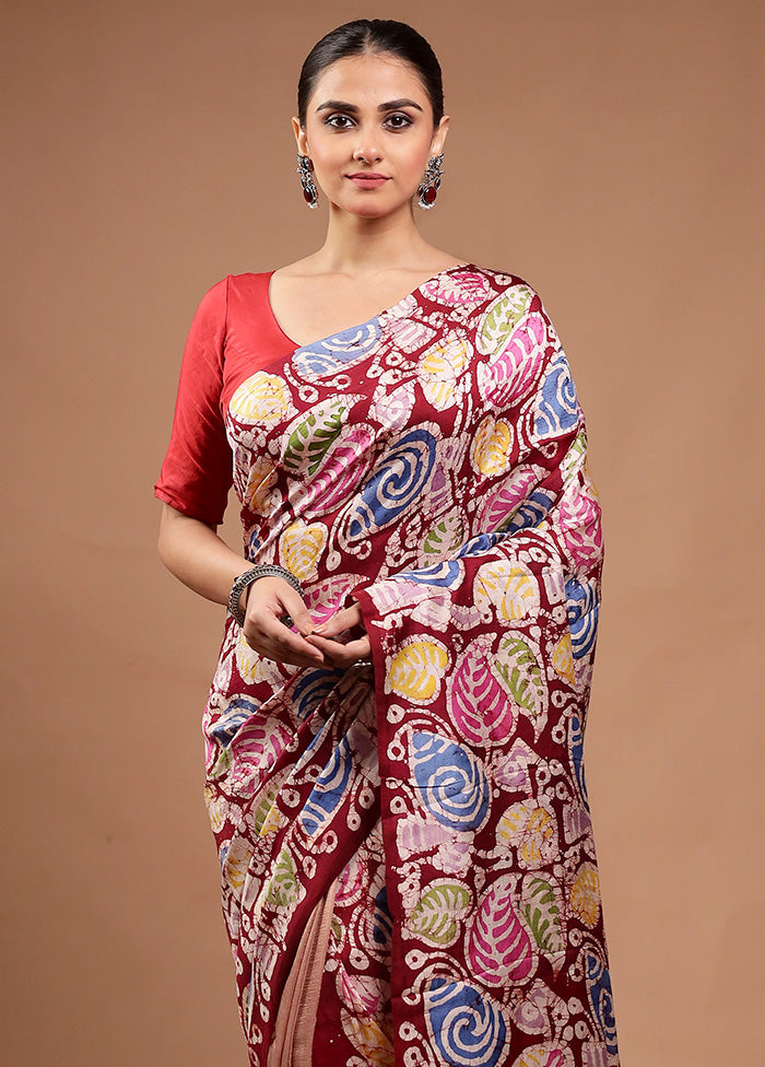 Maroon Printed Pure Silk Saree Without Blouse Piece