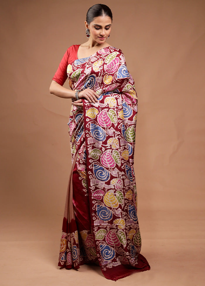 Maroon Printed Pure Silk Saree Without Blouse Piece