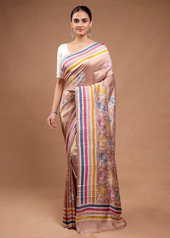 Cream Printed Pure Silk Saree Without Blouse Piece