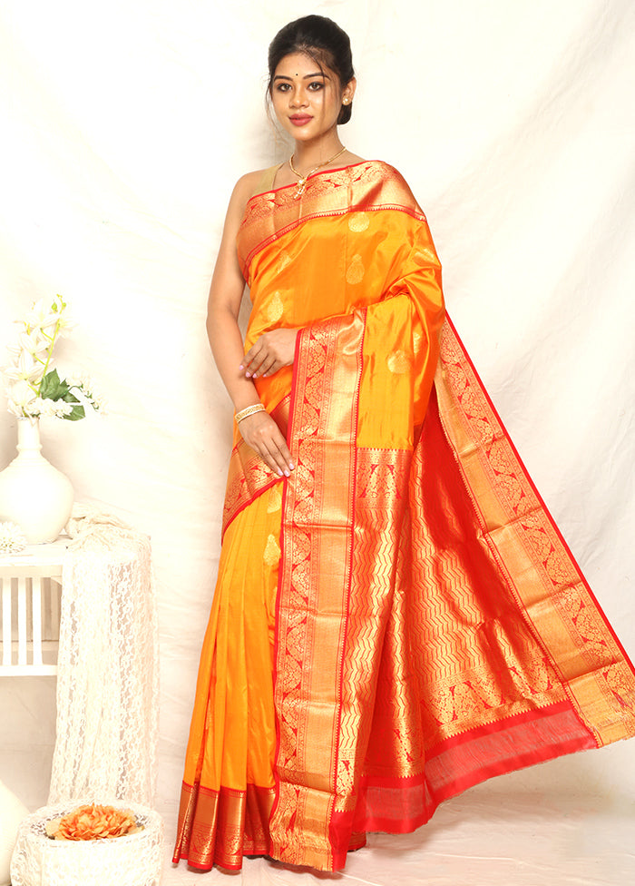 Orange Kanjivaram Pure Silk Handloom Saree With Blouse - Indian Silk House Agencies