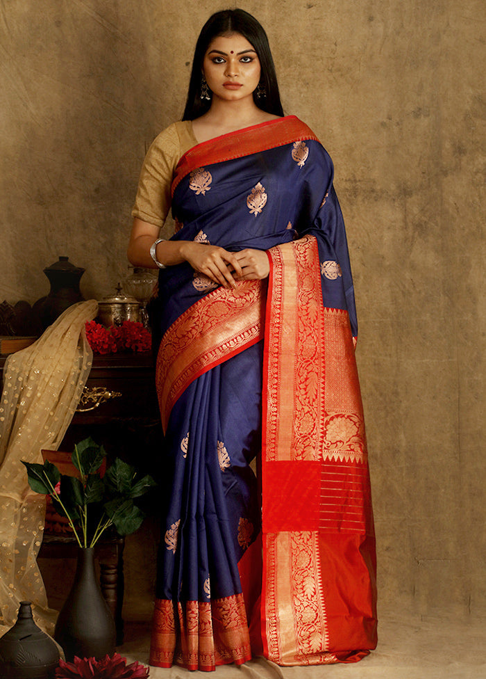 Blue Pure Tussar Banarasi Work Saree With Blouse - Indian Silk House Agencies