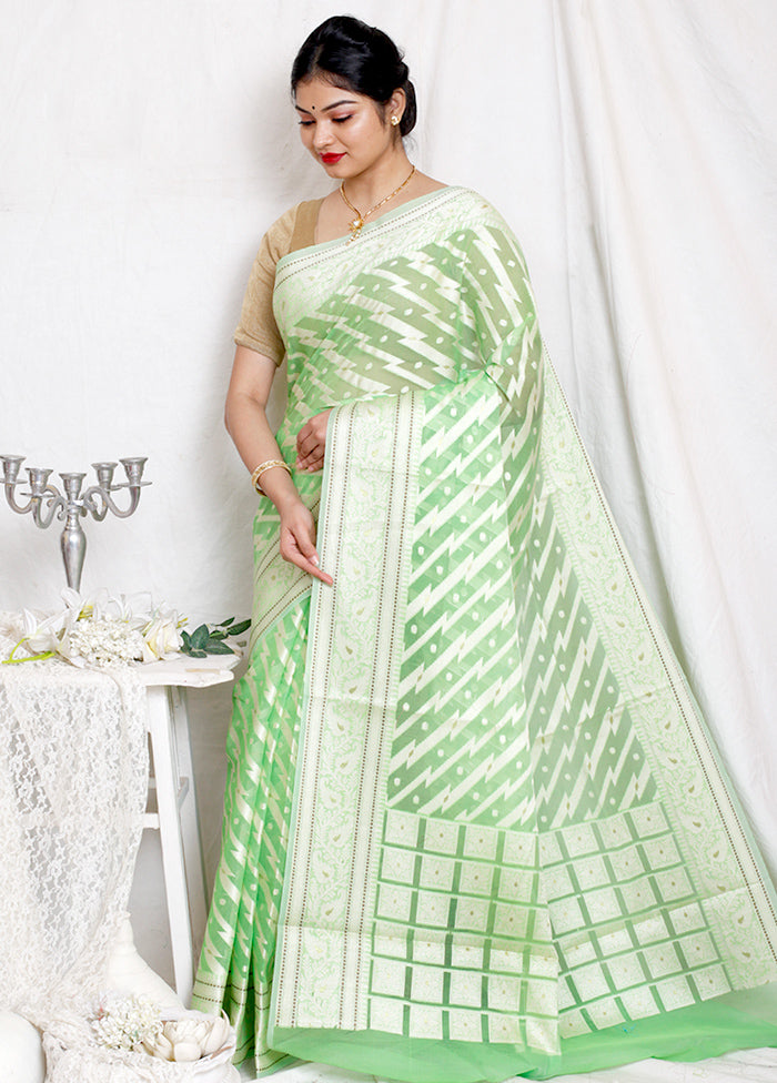 Green Kora Silk Woven Saree With Blouse - Indian Silk House Agencies
