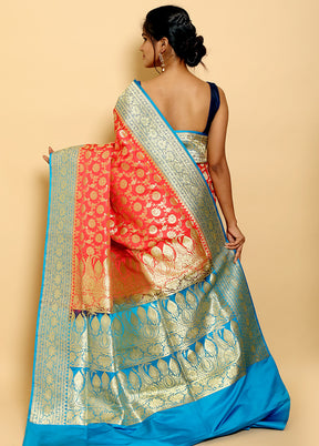 Pink And Blue Banarasi Silk Saree With Blouse Piece - Indian Silk House Agencies