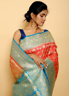 Pink And Blue Banarasi Silk Saree With Blouse Piece - Indian Silk House Agencies