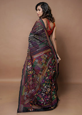 Black Kantha Stitch Silk Saree With Blouse Piece