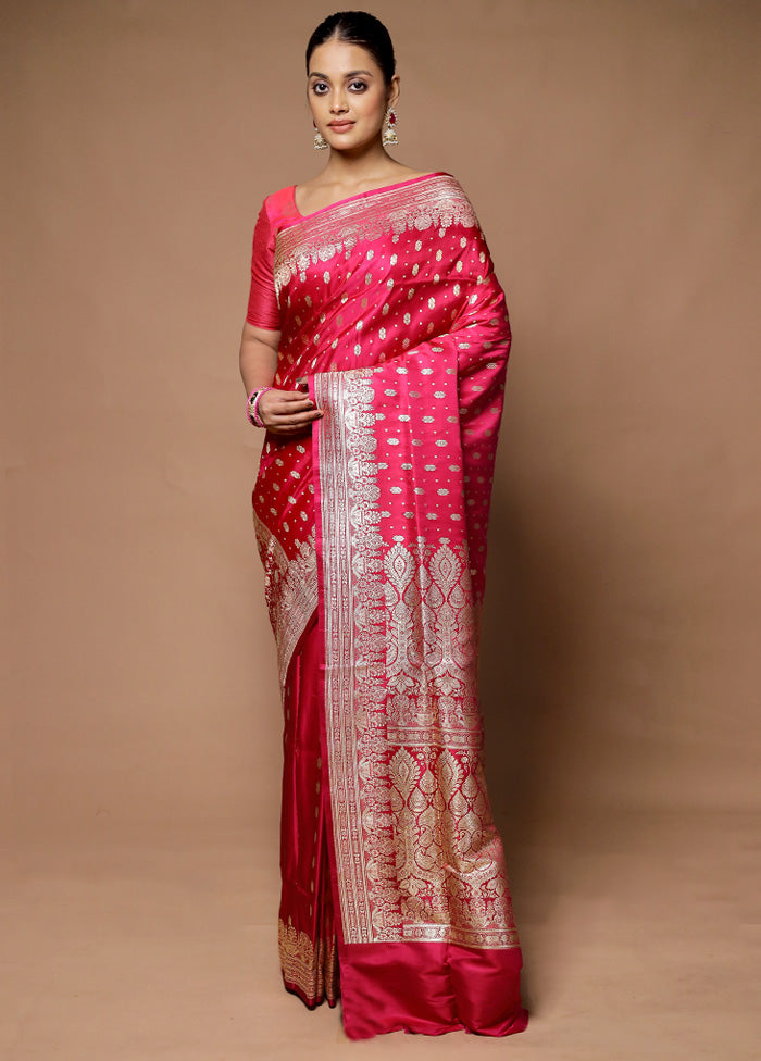 Pink Handloom Banarasi Pure Silk Saree With Blouse Piece