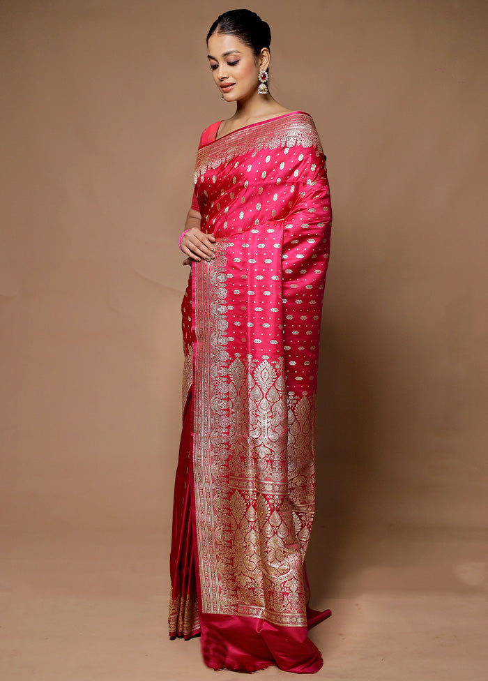 Pink Handloom Banarasi Pure Silk Saree With Blouse Piece