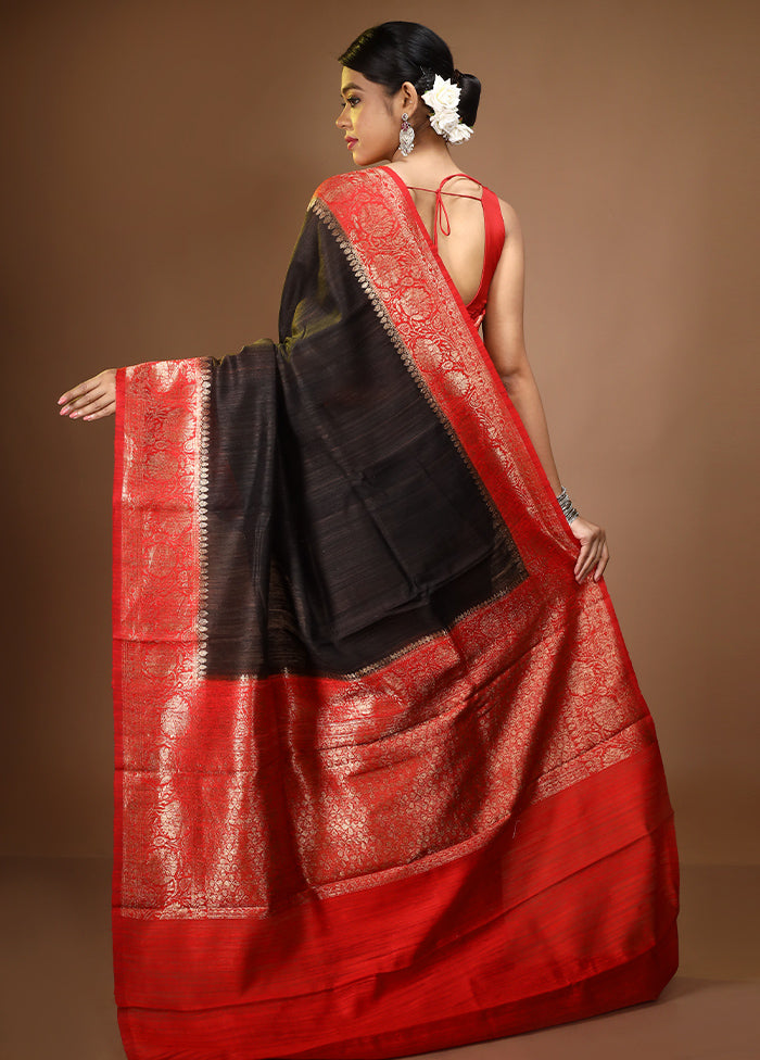 Black Pure Tussar Silk Saree With Blouse Piece - Indian Silk House Agencies