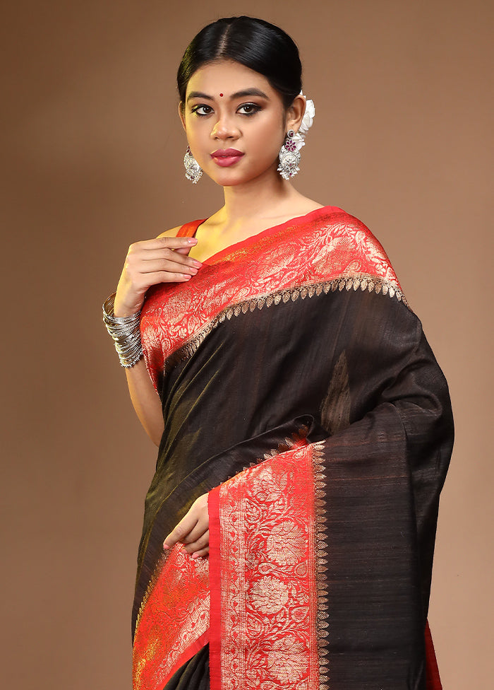 Black Pure Tussar Silk Saree With Blouse Piece - Indian Silk House Agencies