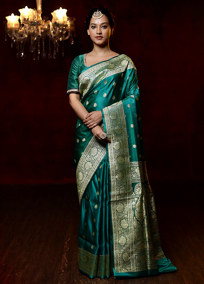 Green Handloom Banarasi Pure Silk Saree With Blouse Piece