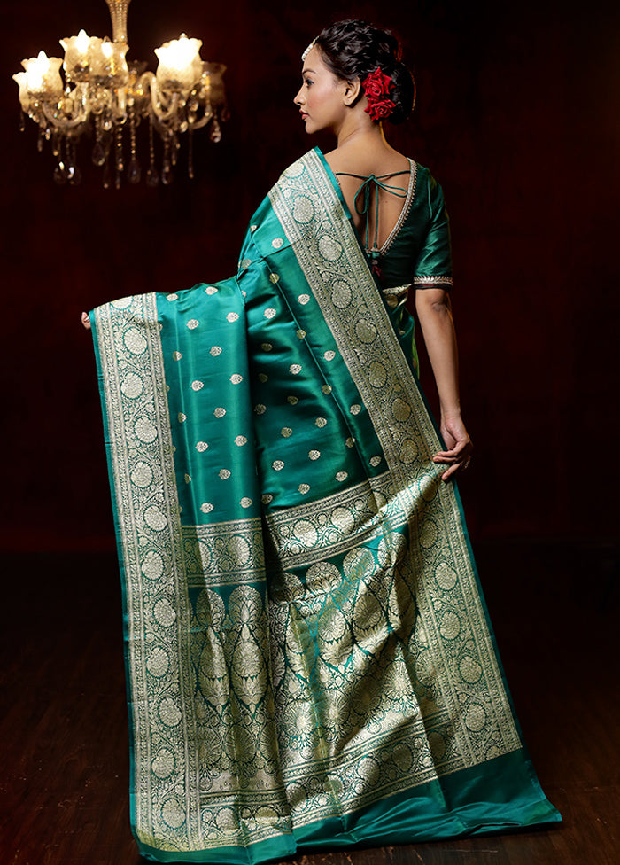 Green Handloom Banarasi Pure Silk Saree With Blouse Piece