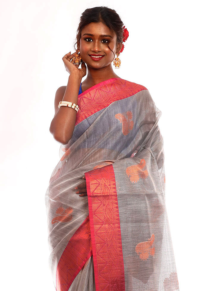 Grey Linen Silk Saree With Blouse Piece - Indian Silk House Agencies