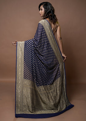 Blue Handloom Pure Georgette Saree With Blouse Piece