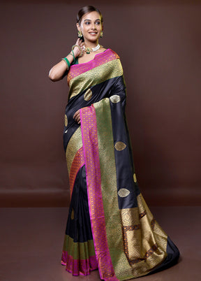 Black Handloom Katan Pure Silk Saree With Blouse Piece