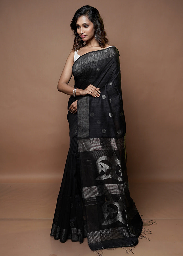 Black Handloom Matka Pure Silk Saree With Blouse Piece