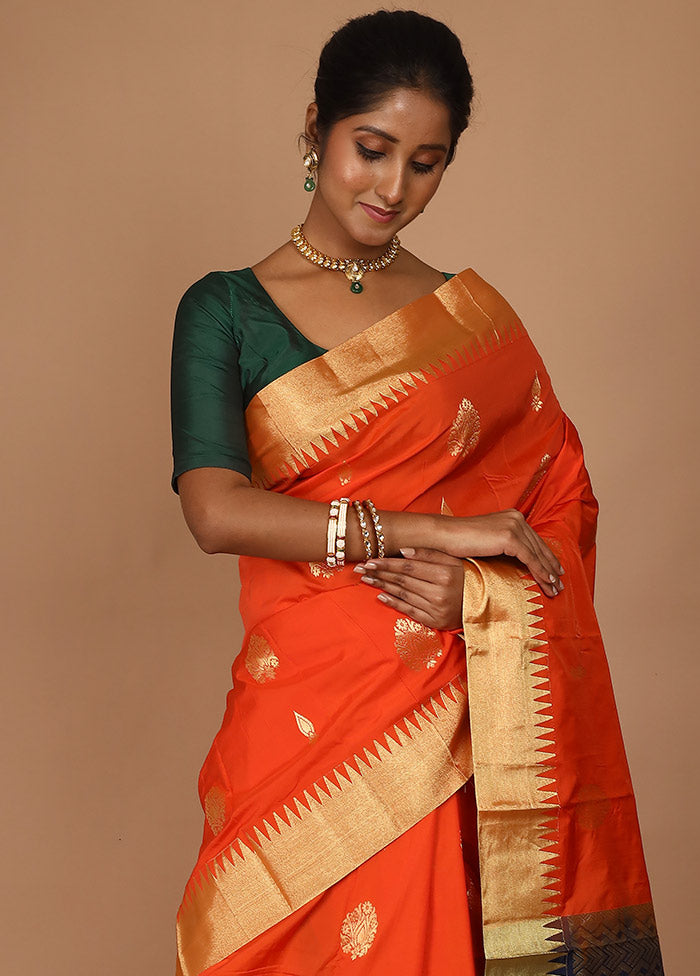 Orange Kanjivaram Silk Saree With Blouse Piece - Indian Silk House Agencies