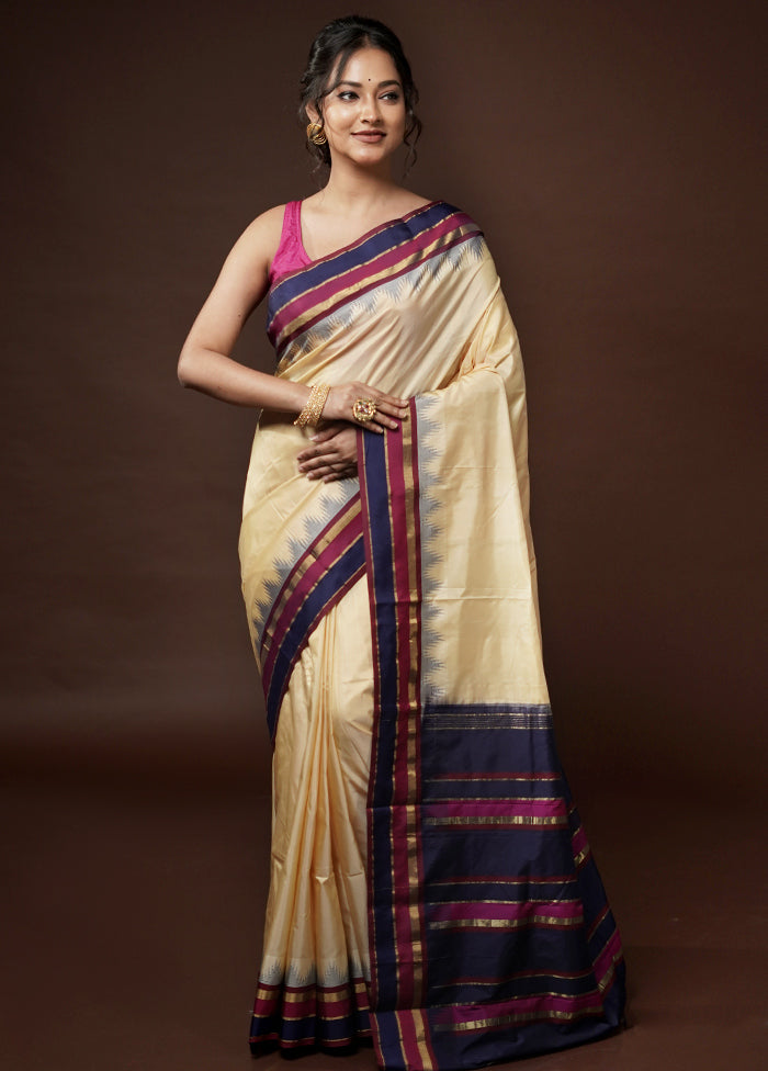 Cream Kanjivaram Silk Saree With Blouse Piece - Indian Silk House Agencies