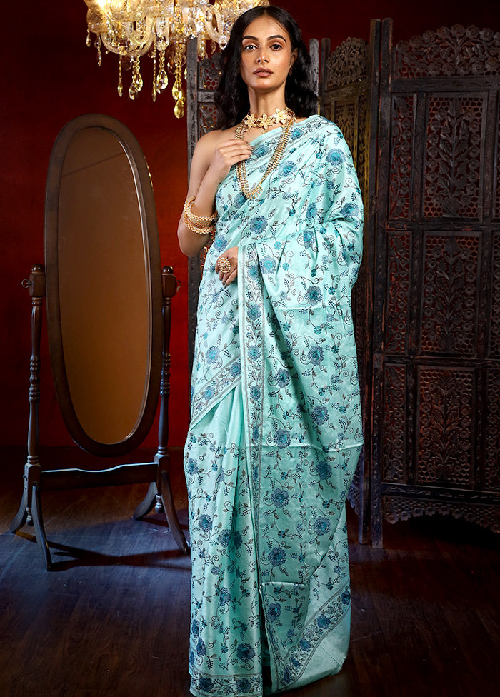Tiffany Blue Embroidered Pure Tussar Silk Saree With Blouse Piece - Indian Silk House Agencies