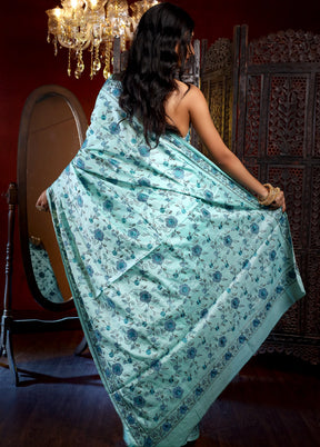 Tiffany Blue Embroidered Pure Tussar Silk Saree With Blouse Piece - Indian Silk House Agencies