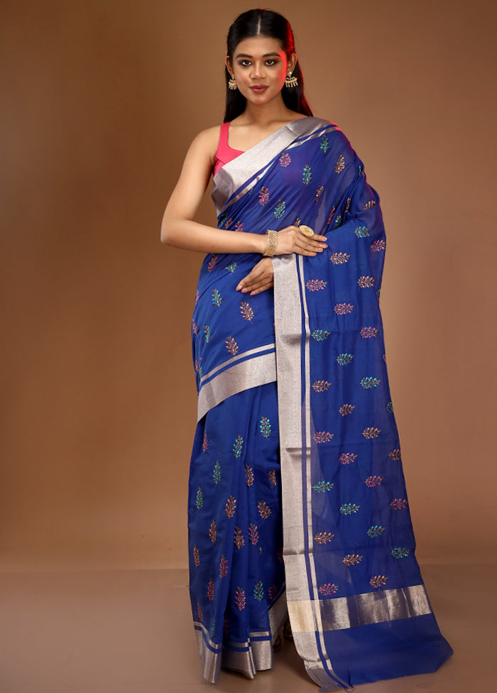 Blue Cotton Embroidered Saree With Blouse Piece - Indian Silk House Agencies