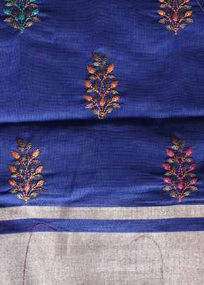 Blue Cotton Embroidered Saree With Blouse Piece - Indian Silk House Agencies