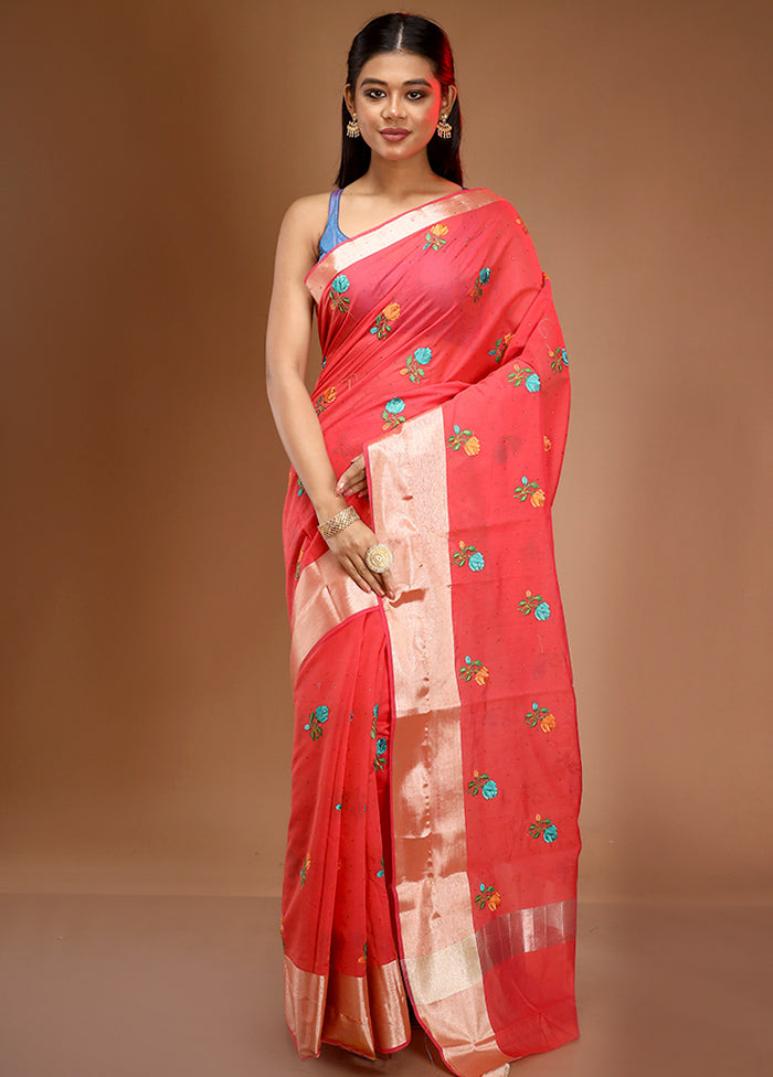 Pink Cotton Embroidered Saree With Blouse Piece - Indian Silk House Agencies