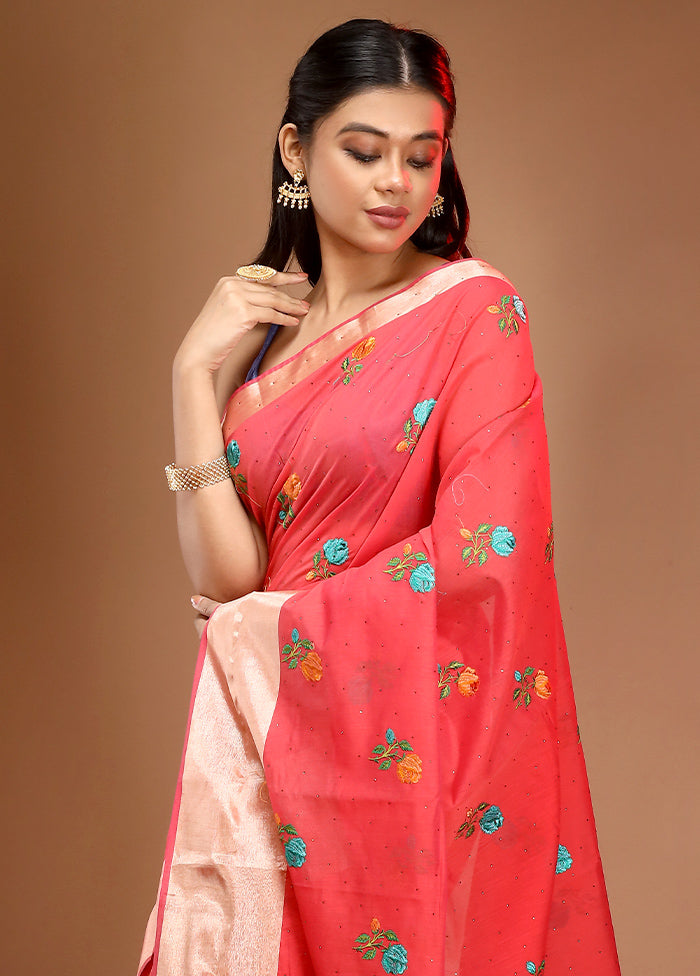 Pink Cotton Embroidered Saree With Blouse Piece - Indian Silk House Agencies