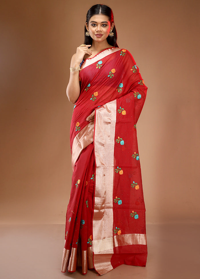 Red Cotton Embroidered Saree With Blouse Piece - Indian Silk House Agencies
