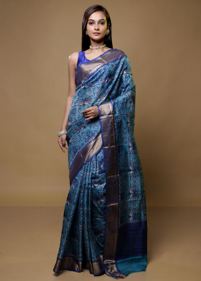 Blue Printed Pure Silk Saree Without Blouse Piece