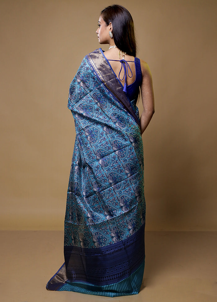 Blue Printed Pure Silk Saree Without Blouse Piece