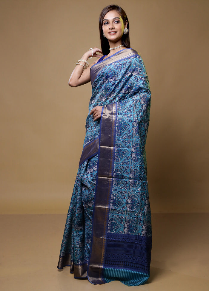 Blue Printed Pure Silk Saree Without Blouse Piece