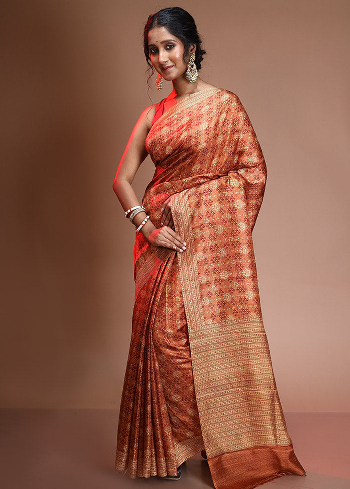 Rust Pure Printed Mysore Silk Saree With Blouse Piece - Indian Silk House Agencies
